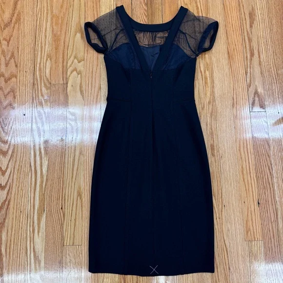 White House Black Market Black Short Sleeve Sheath Dress with Sheer Lace Accent - Picture 2 of 10